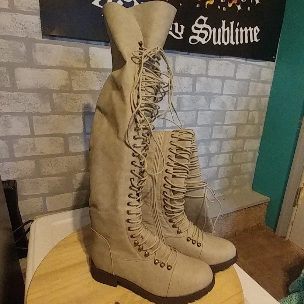 Light tan thigh high boots